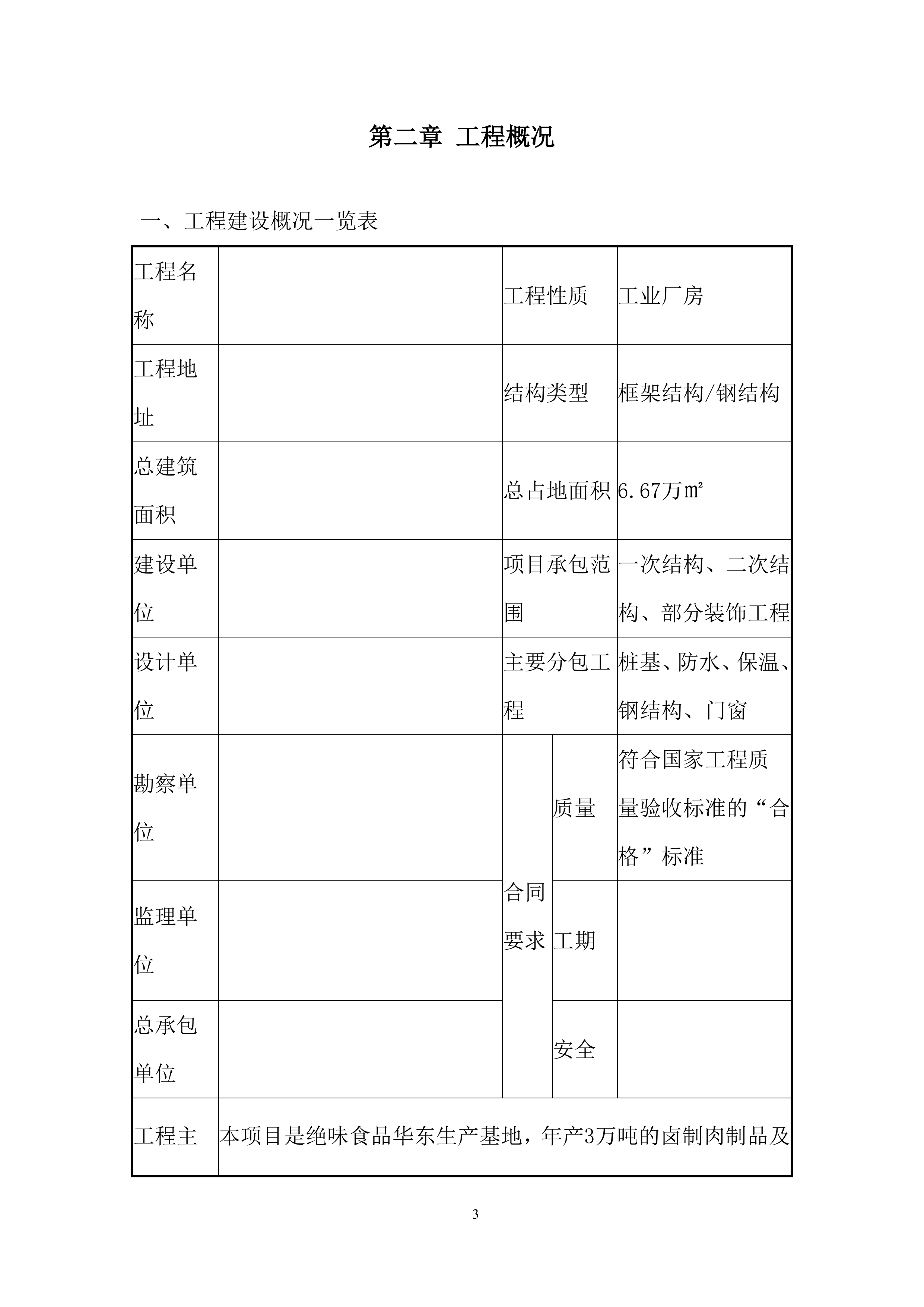 卤制肉制品及副产品加工项目施工总承包工程投标方案